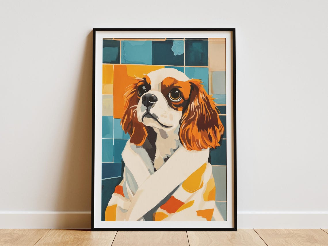 Cavalier Spaniel Puppy White Bathrobe Retro Tile Cute Dog Poster