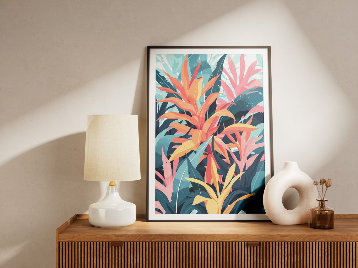 Vibrant Tropical Leaves Orange Pink Teal Bold Botanical Poster - Image 2