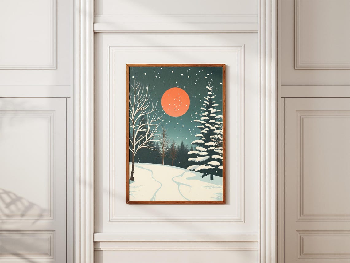 Snowy Winter Forest Under a Red Moon with Falling Snow Poster - Image 2
