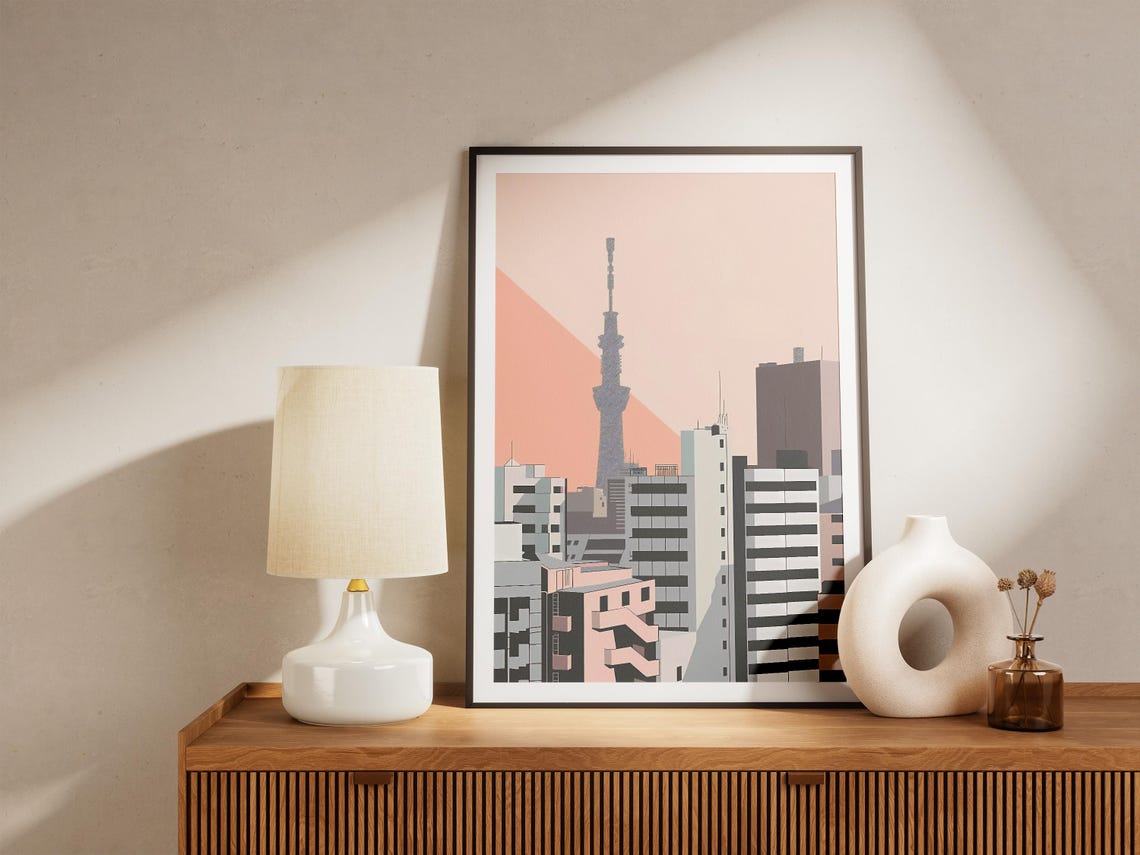Tokyo Skytree Minimalist Cityscape in Soft Blush Pink Tones Poster - Image 5
