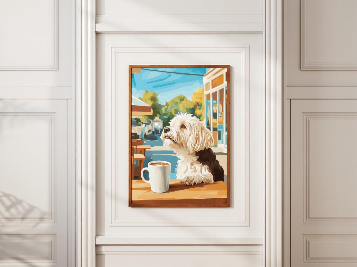 Fluffy White Maltese Dog with Latte at Sunny Sidewalk Cafe Poster - Image 2