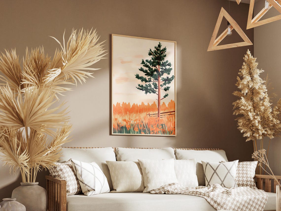 Lone Pine Tree In Orange Wildflower Field At Golden Hour Poster - Image 3