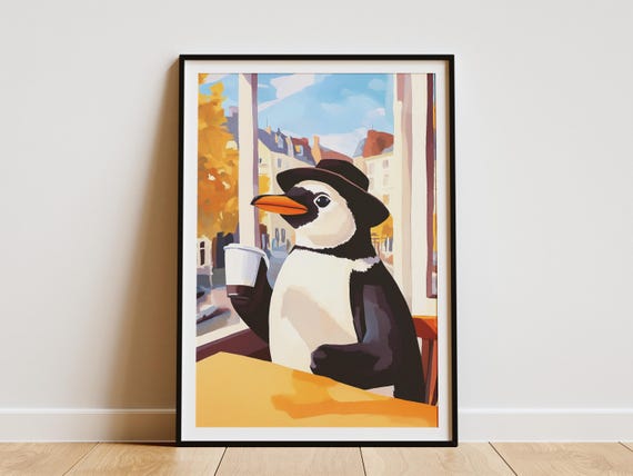 Penguin Cafe Art Print Whimsical Animal Poster Coffee Lover Gift Quirky Home Decor With Hat Matisse Inspired Modern Wall