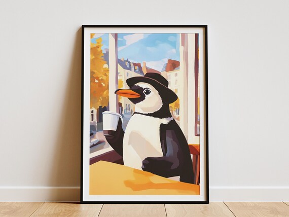 Penguin Coffee Poster Cute Animal Cafe Wall Decor Whimsical Gift
