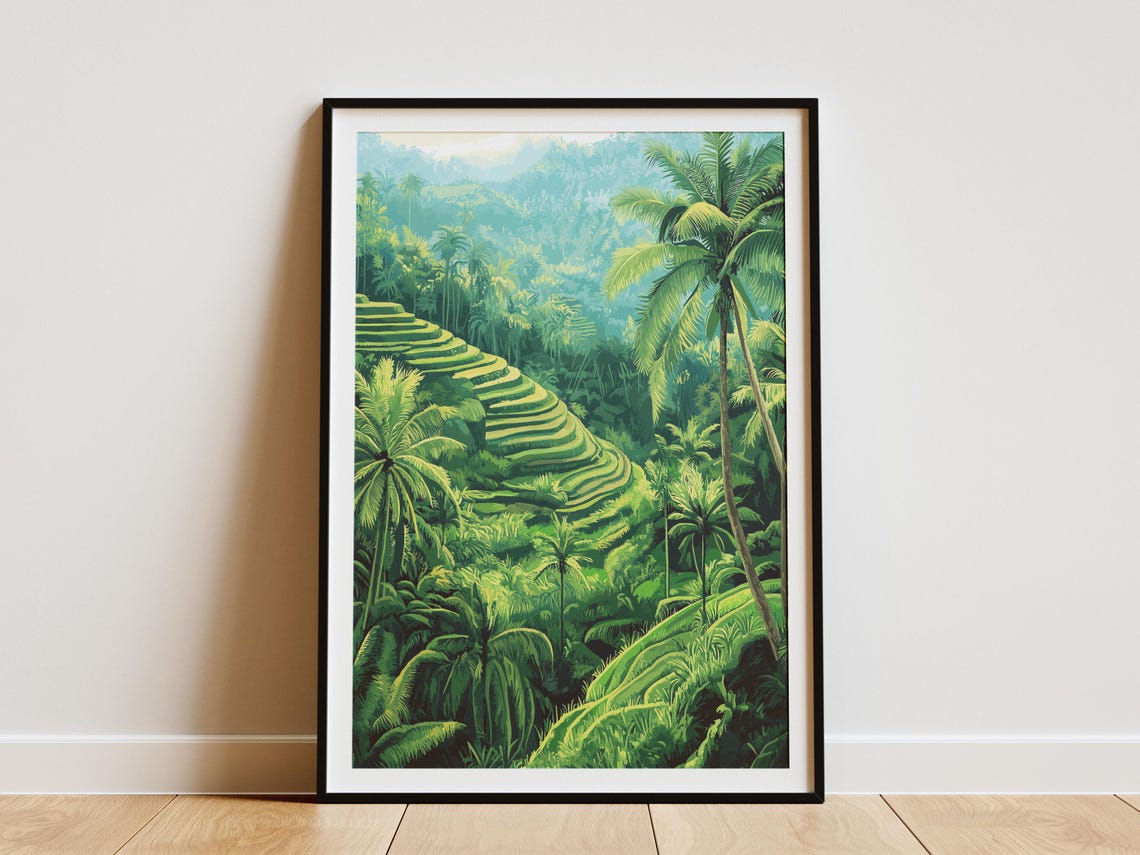 Lush Green Rice Terraces Tall Palm Trees Jungle Landscape Poster