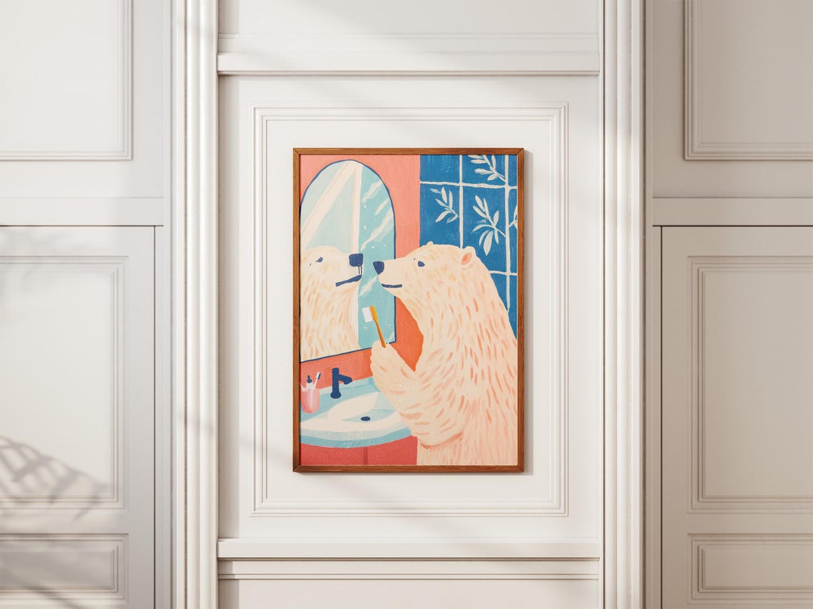 Polar Bear Brushing Teeth at Mirror Red Blue Bathroom Poster - Image 2
