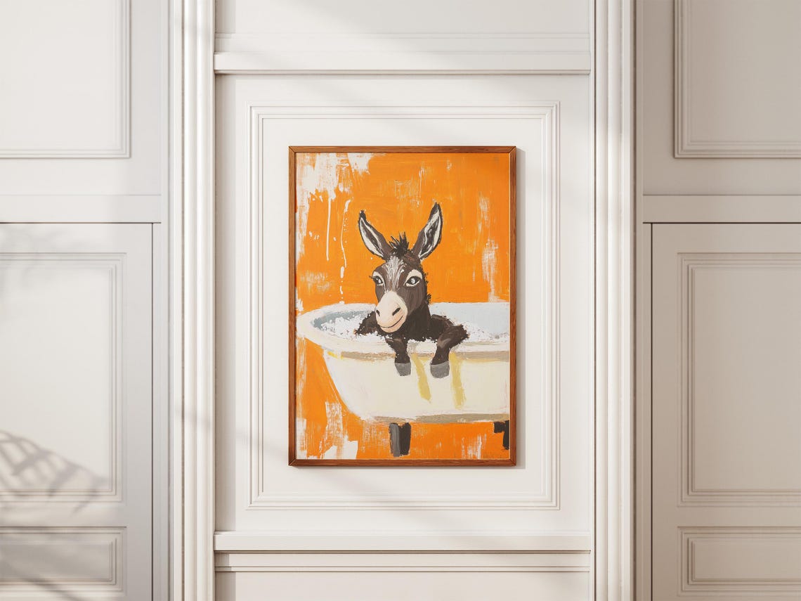 Baby Donkey in Bathtub Orange Background Funny Animal Poster - Image 2