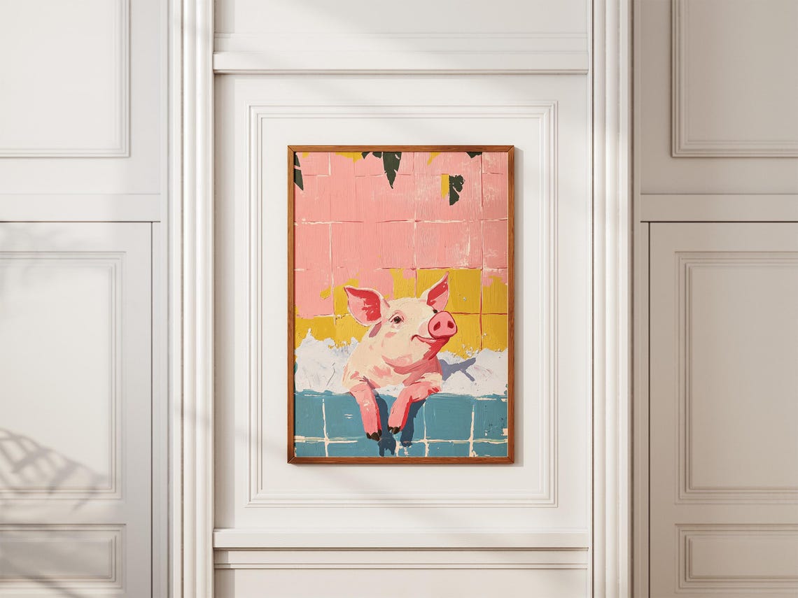 Pink Pig in Foam Bathtub, Whimsical Bathroom Art Print - Image 2