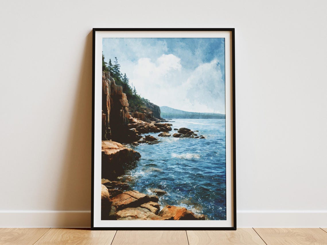 Acadia National Park Maine Rocky Coastline Ocean Waves Art Poster