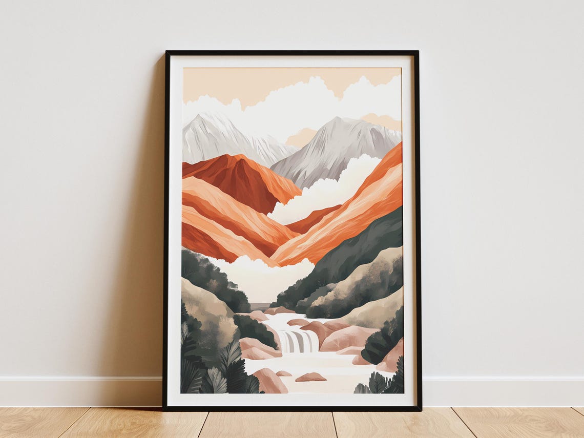 Abstract Orange Gray Mountain Range Waterfall Art Style Poster