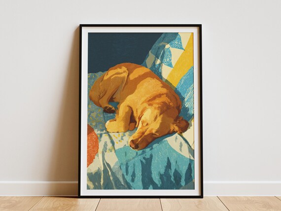 Sleeping Golden Retriever on Quilt Matisse Style Pet Portrait Art Poster