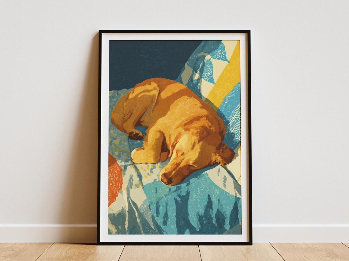 Sleeping Golden Retriever on Quilt Matisse Style Pet Portrait Art Poster
