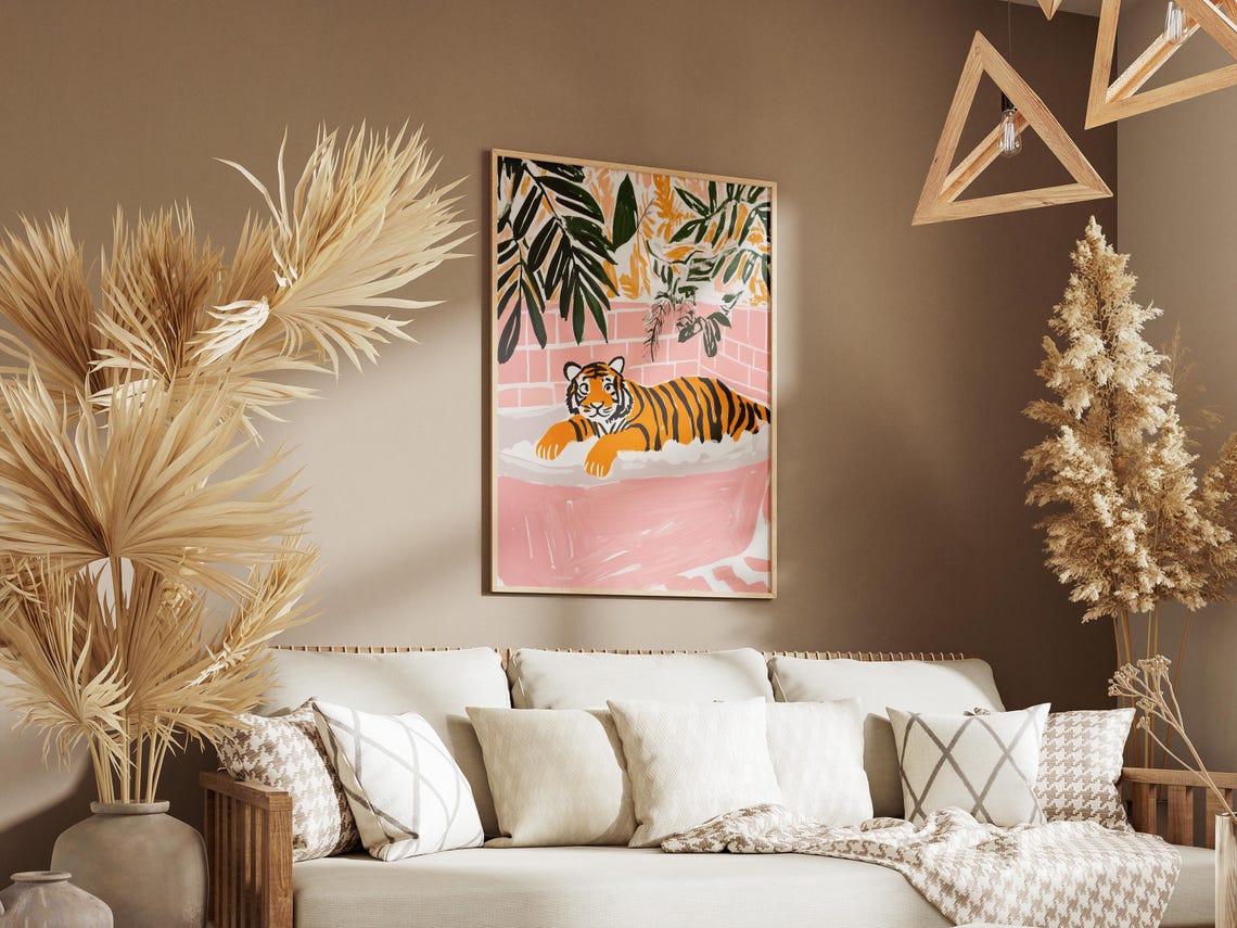 Tiger Lounging in Pink Bubble Bath Tropical Leaf Bathroom Poster - Image 3