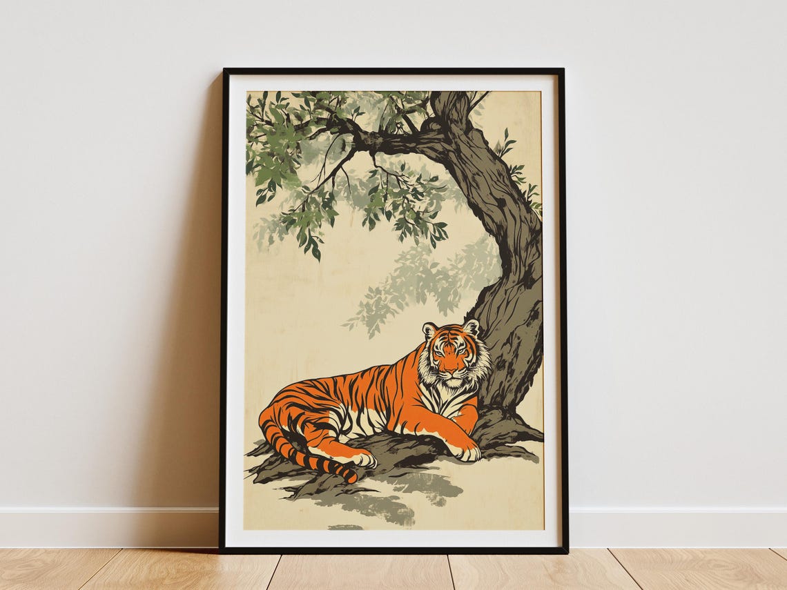 Orange Tiger Resting Under Banyan Tree Japanese Style Art Poster