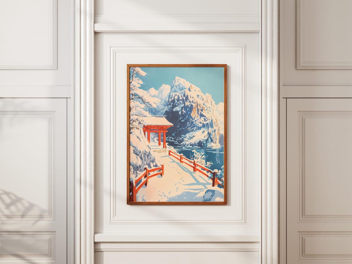 Snowy Mountain Red Torii Gate Japanese Winter Travel Art Poster - Image 2