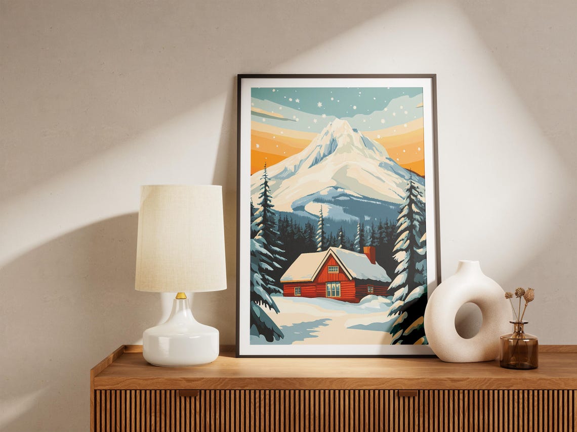 Mount Hood Glowing Red Cabin in Deep Snow at Sunset Winter Poster - Image 5