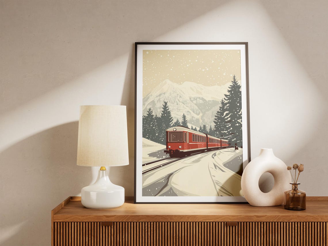 Vintage Red Train Crossing a Snowy Mountain Landscape Travel Poster - Image 5