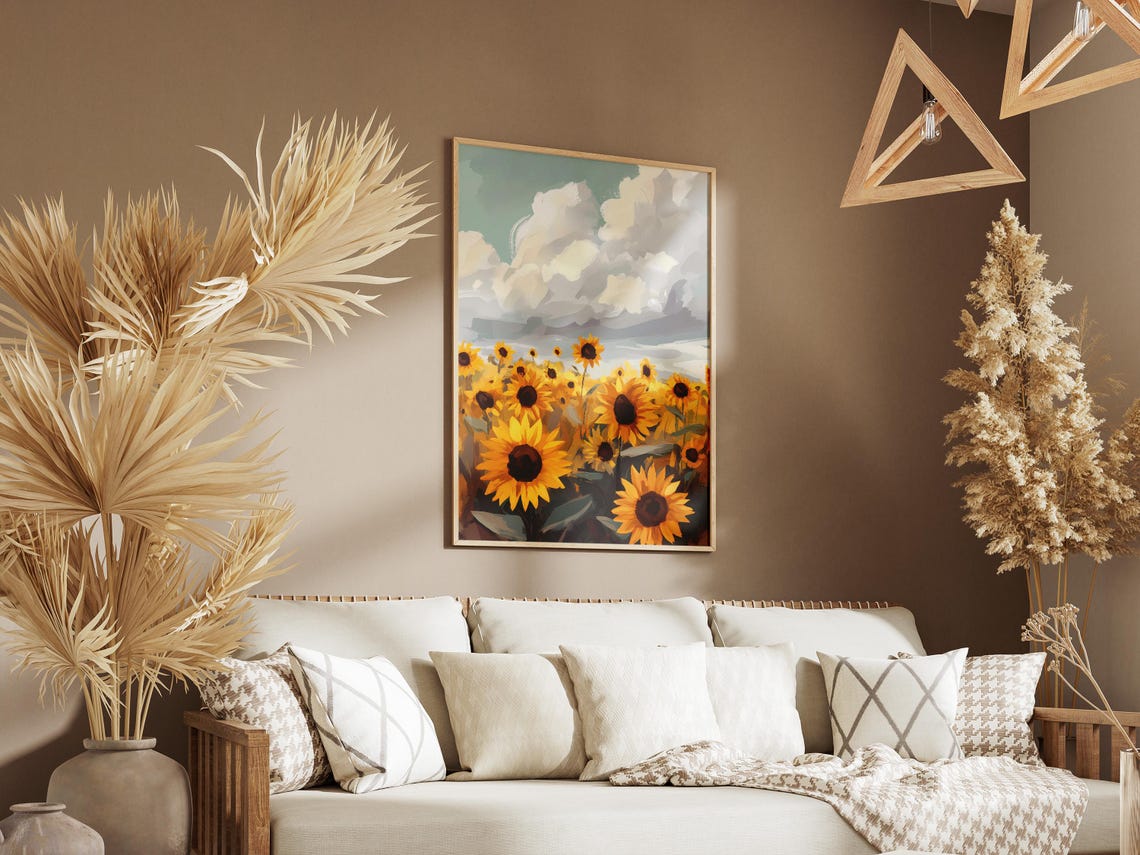 Sunflower Field Summer Dramatic Sky Floral Illustration Poster - Image 3