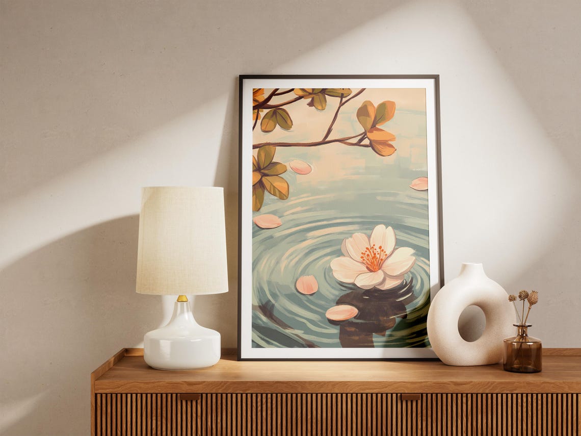 Cherry Blossom Floating on Rippling Water Zen Art Style Poster - Image 5