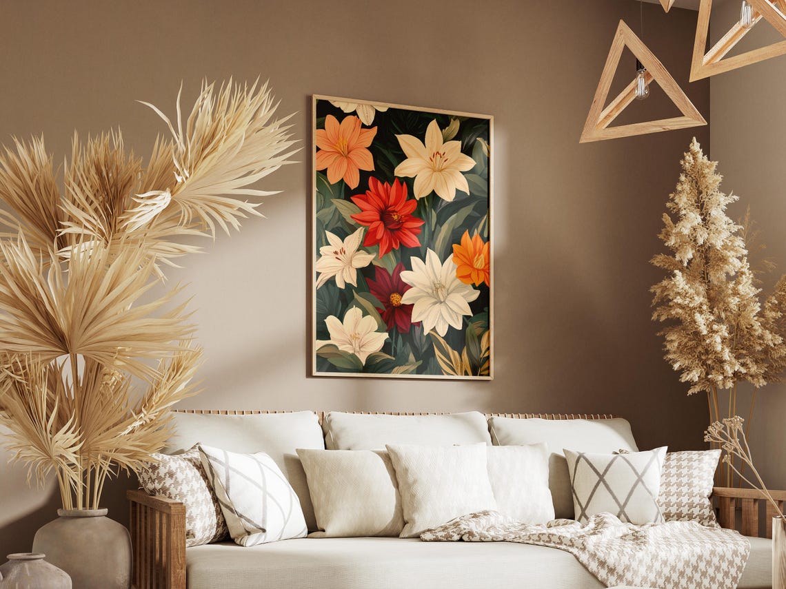White Orange Red Lilies Against Dark Green Leaves Botanical Poster - Image 3