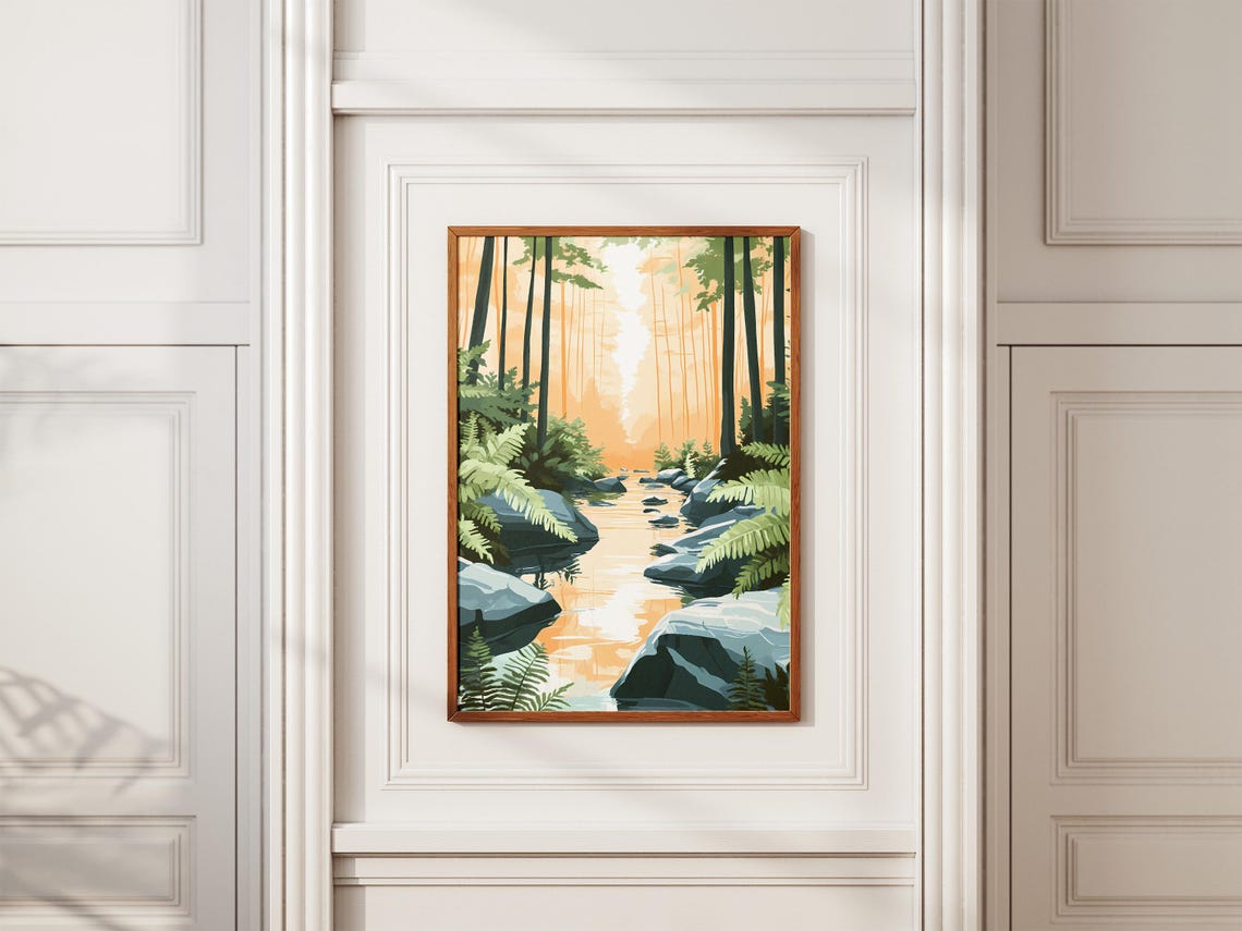 Sunlit Forest Stream Lined With Ferns Rocks And Tall Pines Poster - Image 2