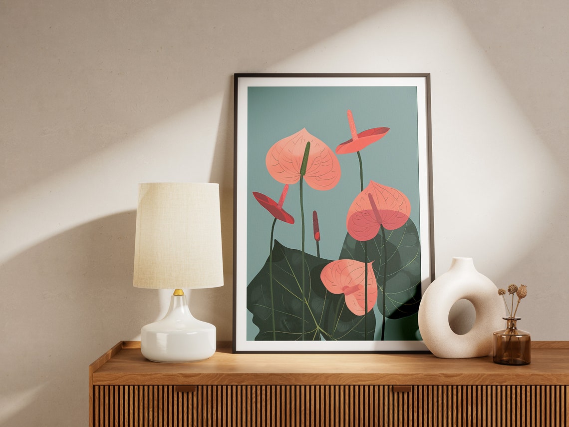 Coral Anthurium Flowers Teal Background Botanical Art Poster - Image 2