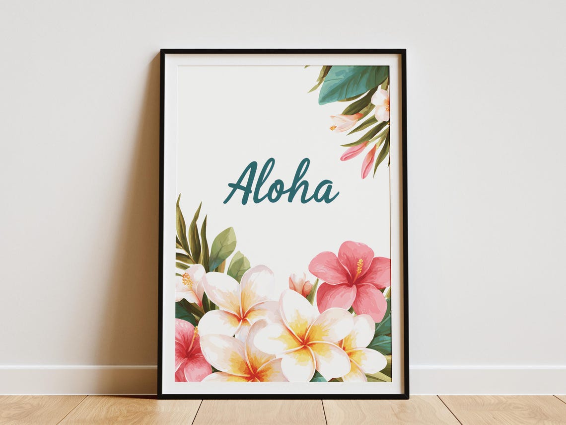 Aloha Script Floral Plumeria Hibiscus Tropical Quote Art Poster