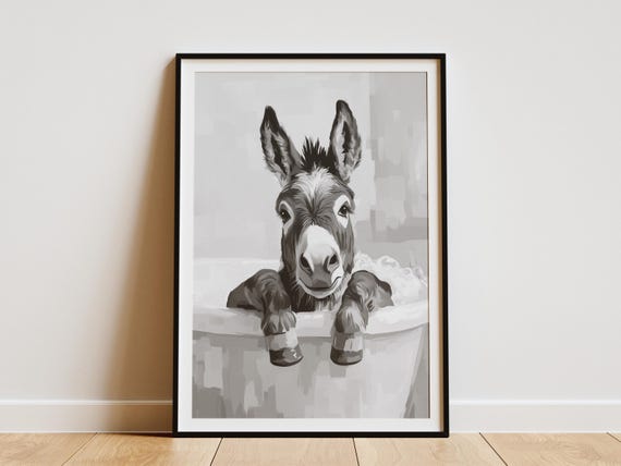 Donkey In Bathtub Art Print Farm Animal Wall Whimsical Bathroom Decor Funny Poster Lover Gift Black And White Minimalist