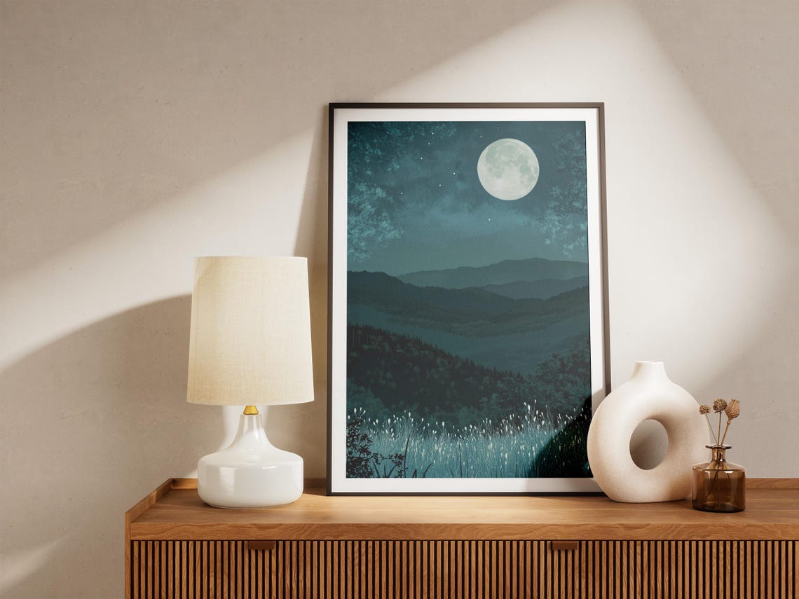 Shenandoah Full Moon Over Layered Teal Mountains Night Poster - Image 4