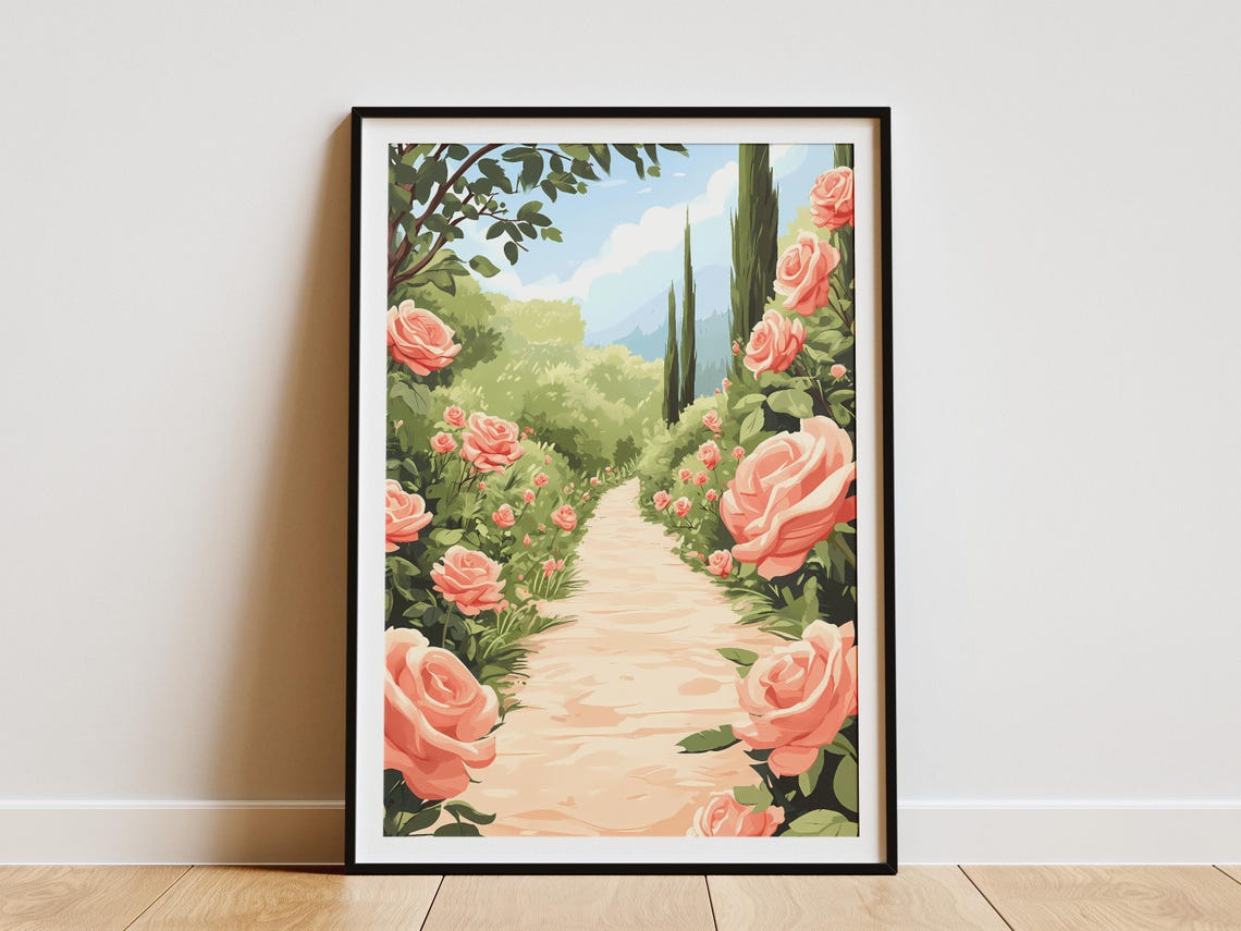 Pink Rose Garden Pathway With Cypress Trees Italian Garden Poster