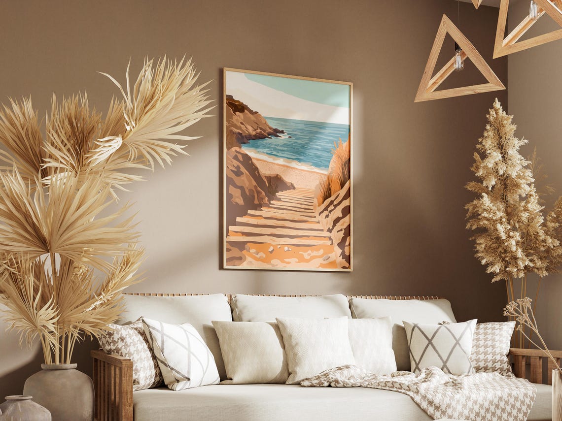Sunlit Stone Staircase Through Tan Cliffs to the Beach Poster - Image 3