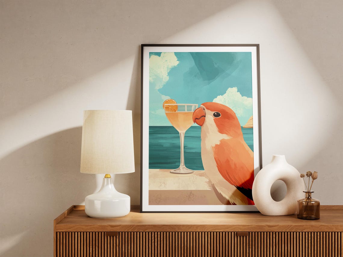 Cute Orange Parrot Sipping Cocktail By The Turquoise Sea Poster - Image 5