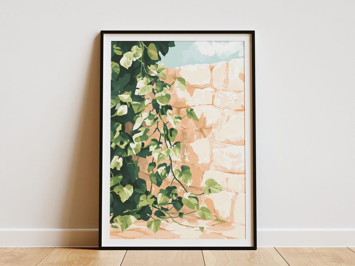Climbing Ivy on a Terracotta Stone Wall Botanical Nature Poster