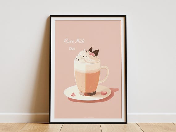 Rose Milk Tea Poster Print Wall Art Soft Drink Flatlay Illustration Food Beverage Cafe Menu Design