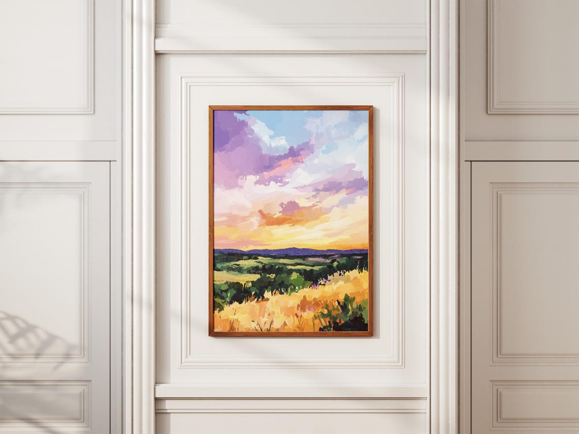 Painted Sunset Sky Over Rolling Green And Golden Hills Poster - Image 2