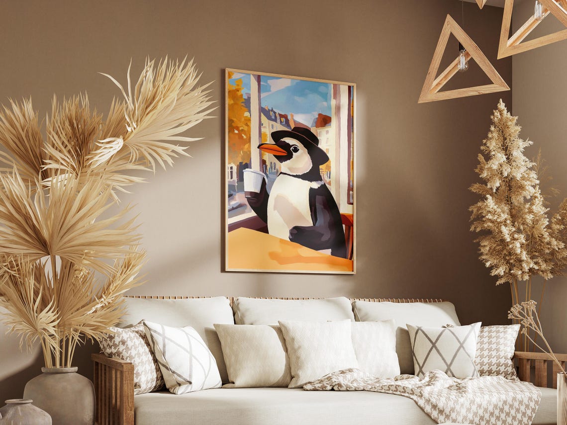 Penguin Coffee Poster Cute Animal Cafe Wall Decor Whimsical Gift - Image 3