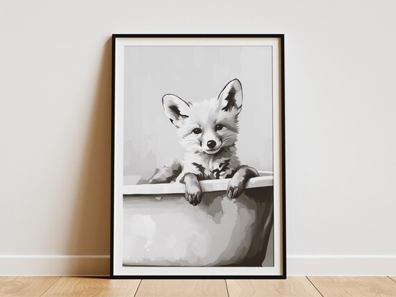 Fennec Fox Kit in Bathtub Black and White Cute Desert Animal Decor Poster