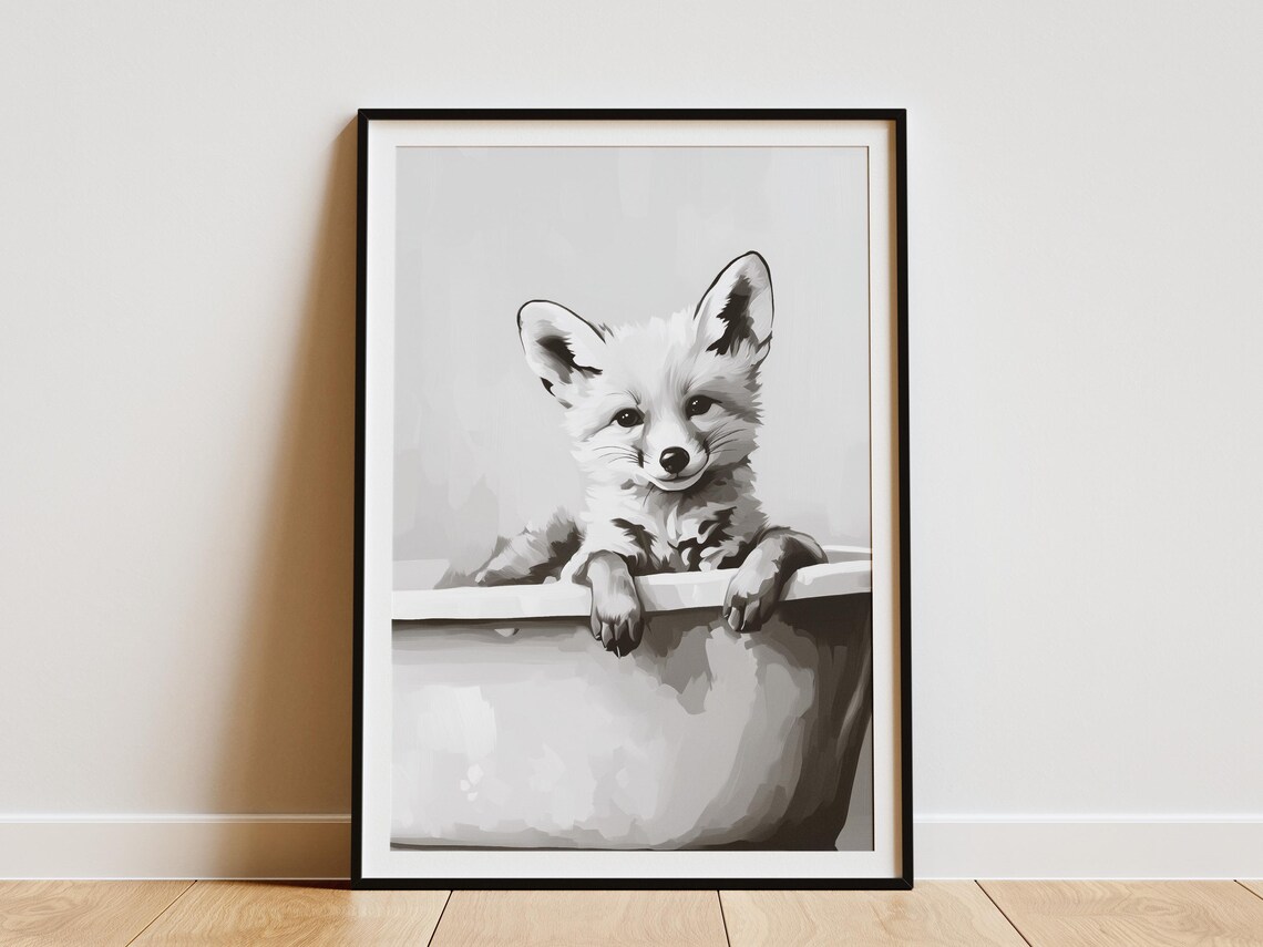 Fennec Fox Kit in Bathtub Black and White Cute Desert Animal Decor Poster