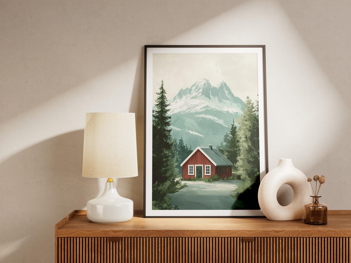 Norway Red Cabin Snowy Mountain Lake Scandinavian Travel Poster - Image 4
