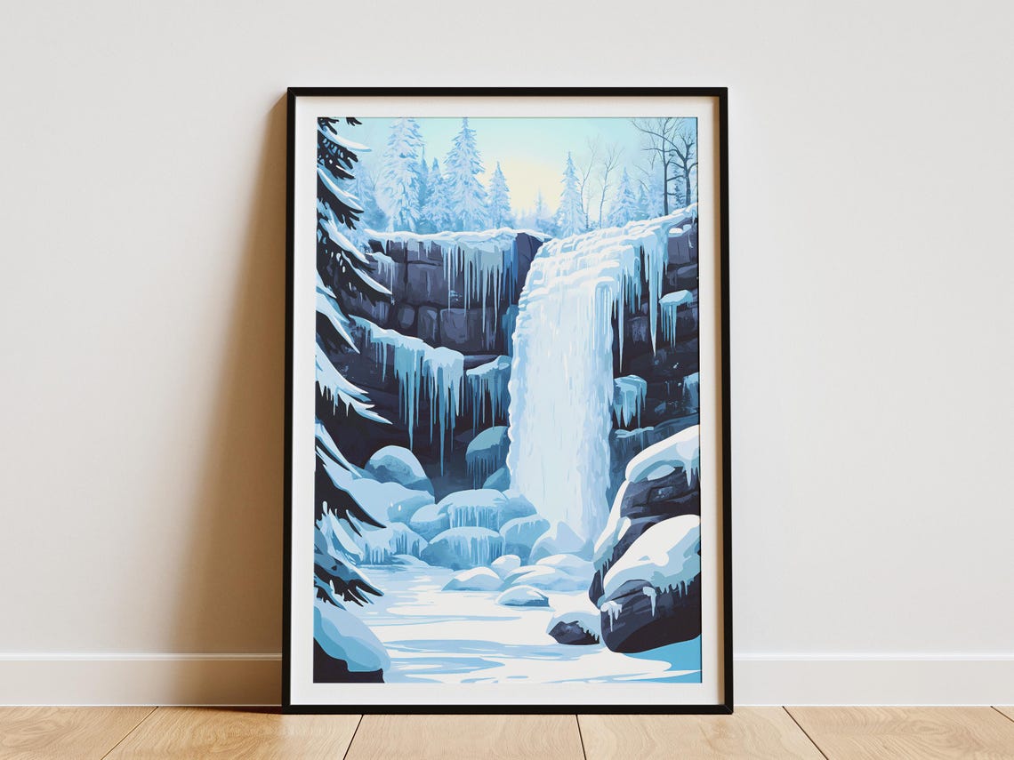 Frozen Blue Waterfall Icy Cascades Winter Landscape Art Poster