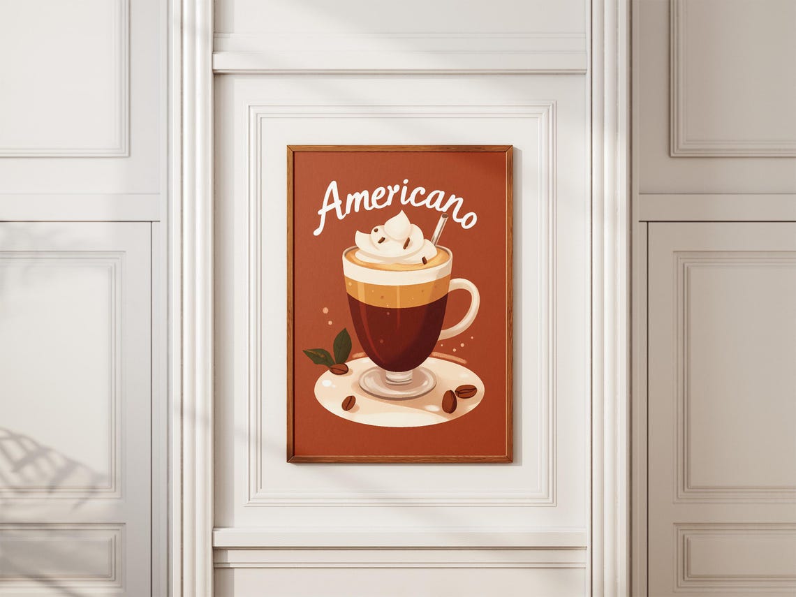 Americano Coffee With Whipped Cream On Orange Cafe Art Poster - Image 2