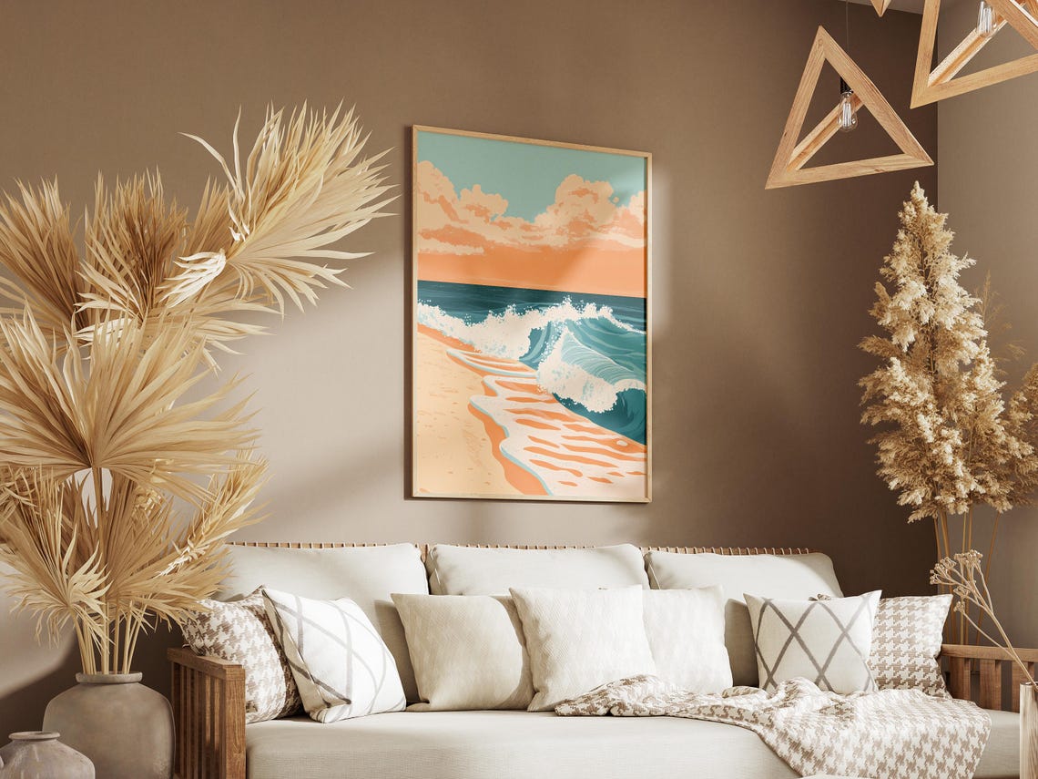 Curling Teal Wave and White Seafoam on Golden Sand Beach Poster - Image 3