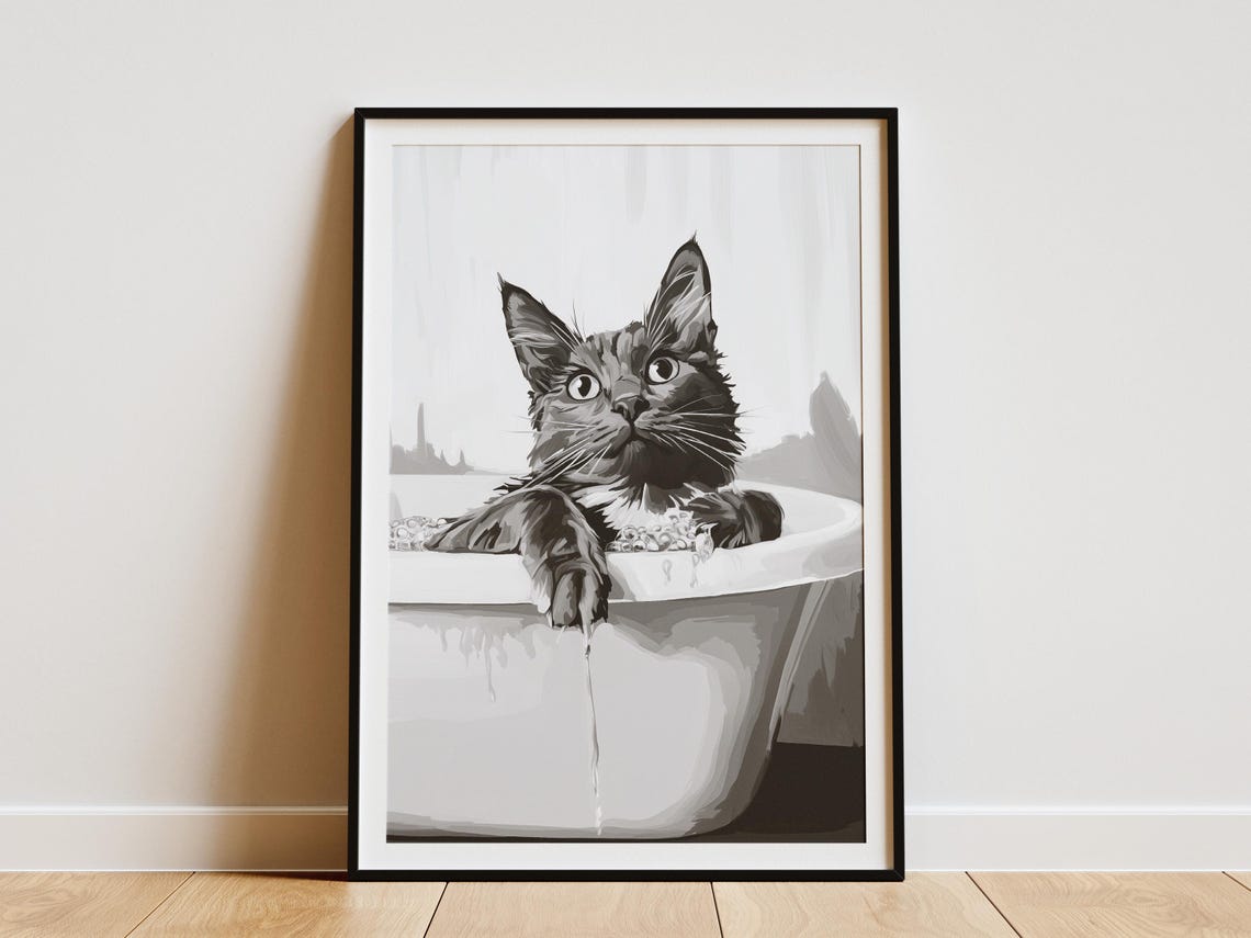 Black Cat in Bubble Bath Black and White Funny Kitten Decor Poster