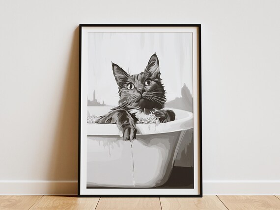Black Cat in Bubble Bath Black and White Funny Kitten Decor Poster