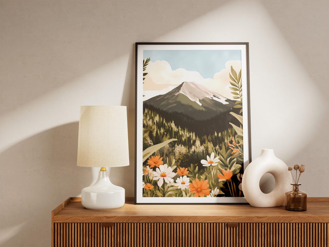 Snow Capped Mountain Peak Pine Forest Wildflowers Meadow Art Poster - Image 5