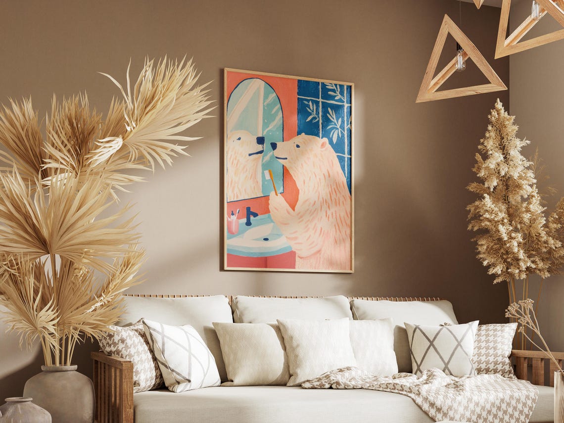Polar Bear Brushing Teeth at Mirror Red Blue Bathroom Poster - Image 3