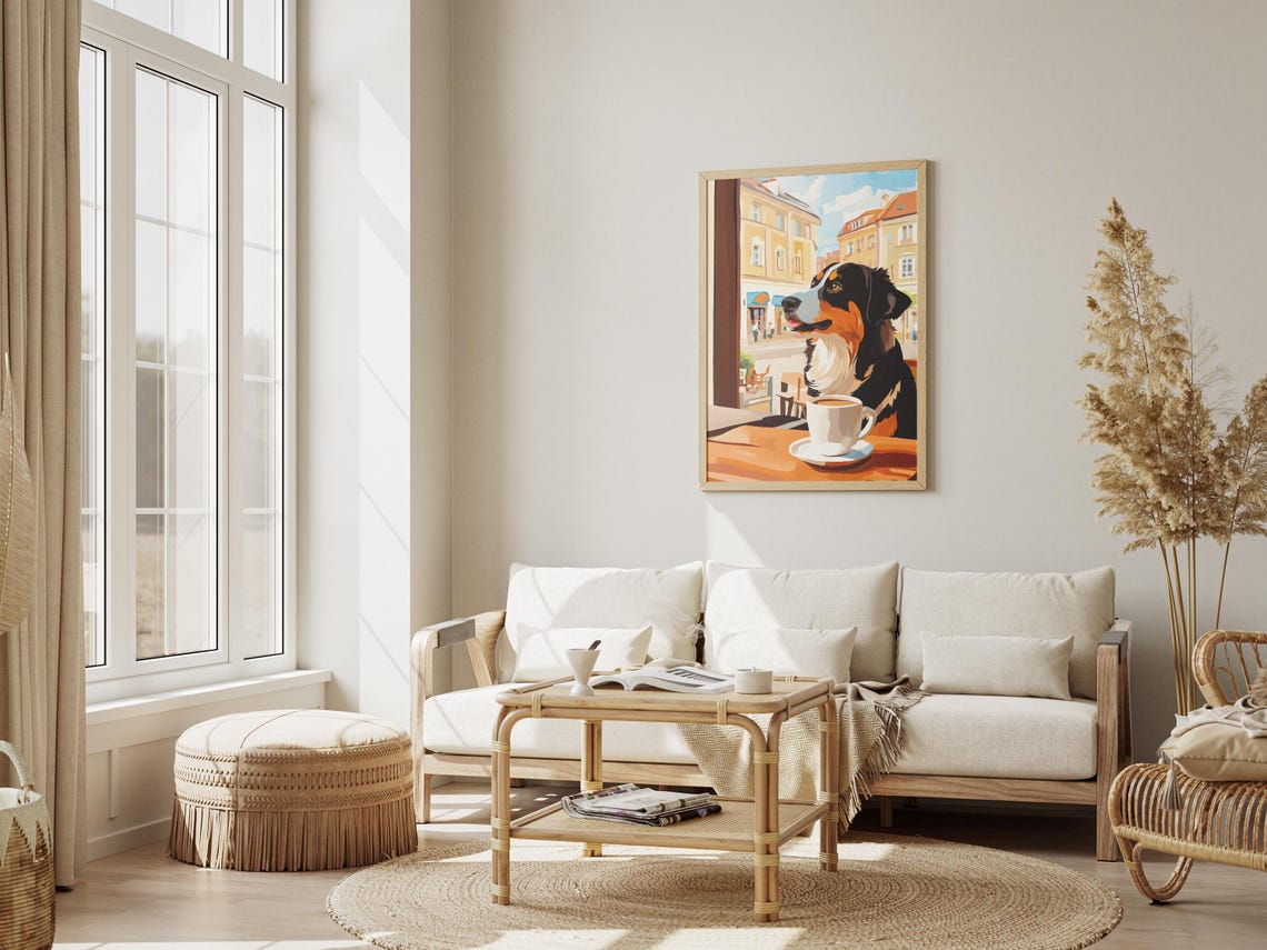 Bernese Mountain Dog Gazing Out a Cafe Window at the City Poster - Image 3