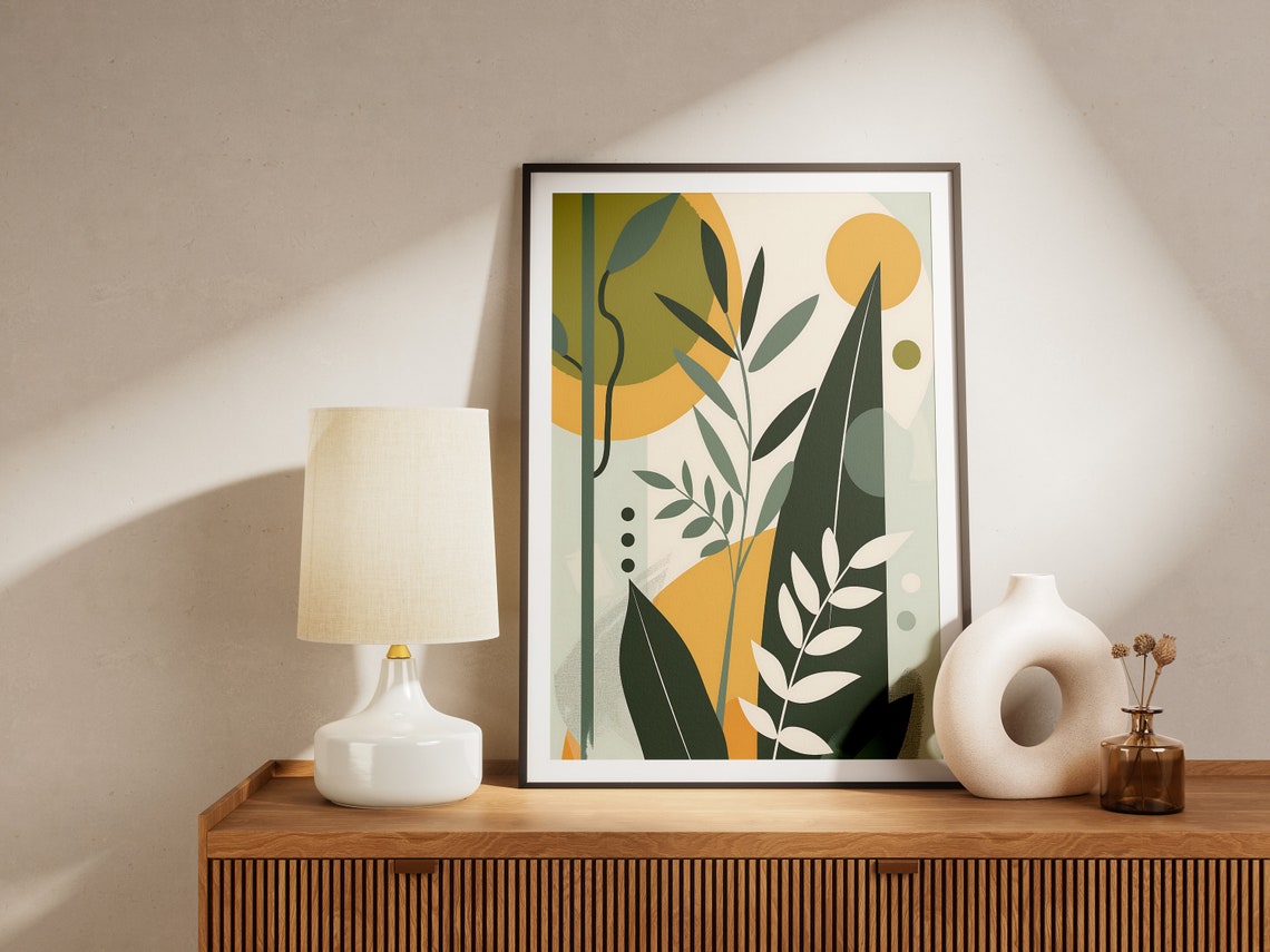 Abstract Olive Green Leaves With Golden Sun Botanical Art Poster - Image 2