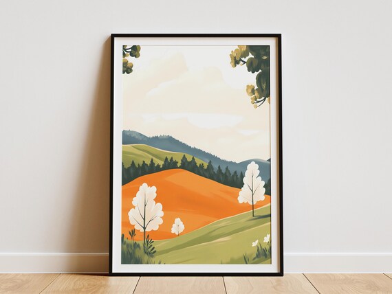 Orange Hill Landscape Art Print Modern Minimalist Nature Poster Spring Tree Wall Decor Abstract Hilly Scenery Green And Orange Landscape