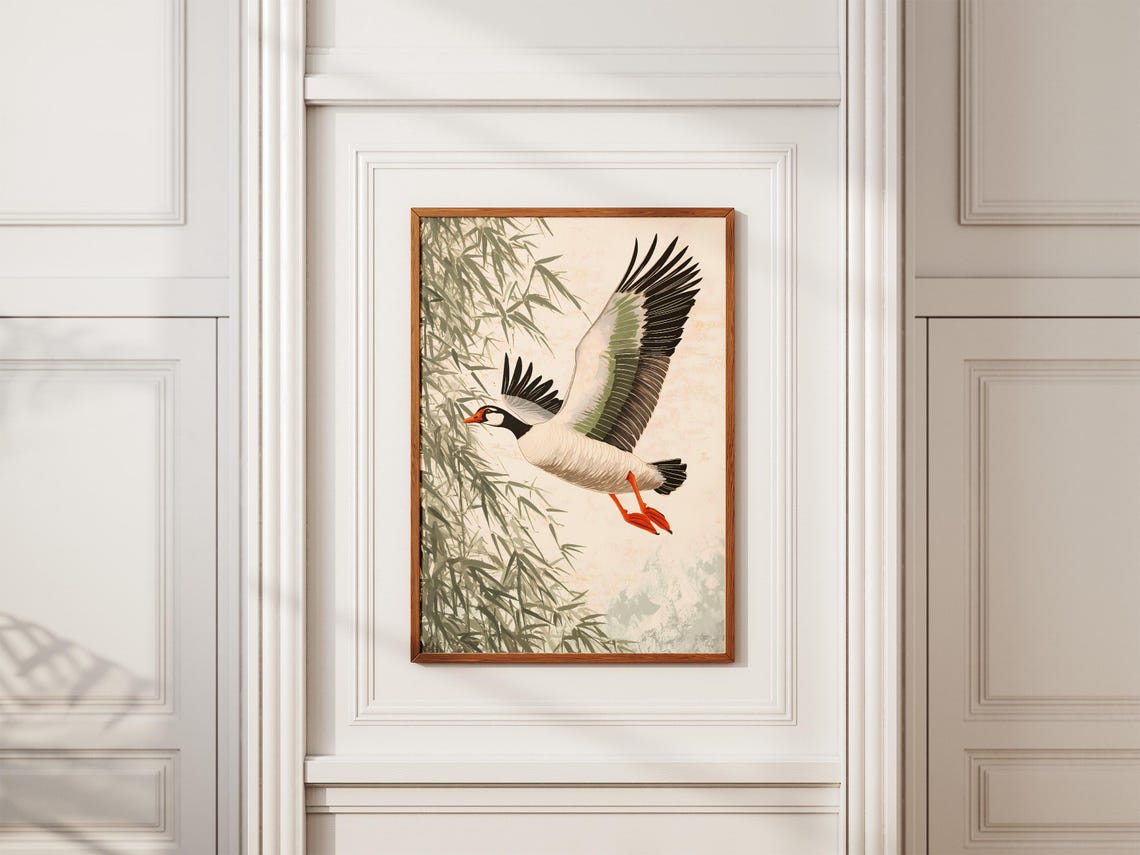 Wild Goose In Flight Beside Bamboo Asian Painting Bird Poster - Image 2